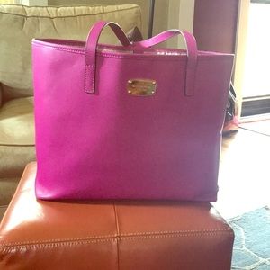 Raspberry leather computer tote bag